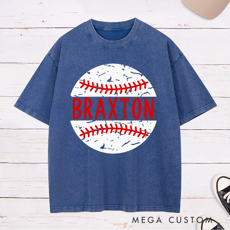 Personalized Baseball Team Washed T-Shirts with Custom Name and Distressed Ball Graphic