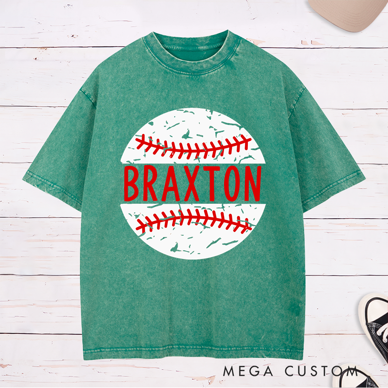 Personalized Baseball Team Washed T-Shirts with Custom Name and Distressed Ball Graphic