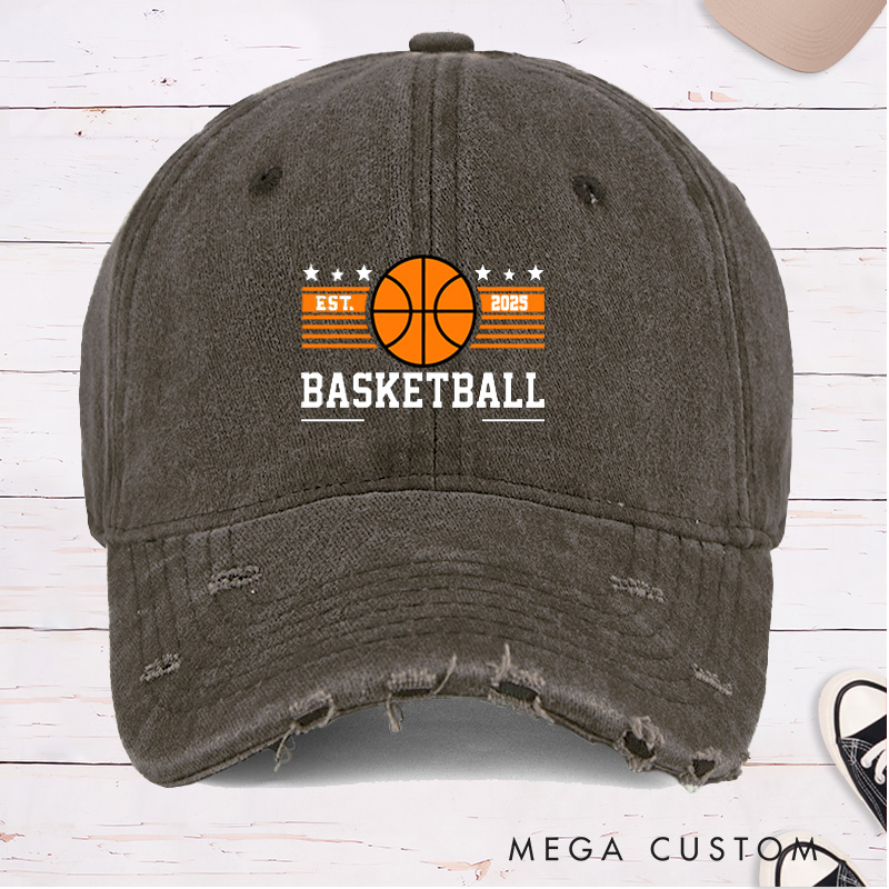 Personalized Distressed Denim Basketball Cap with Custom Team Name and Year Design