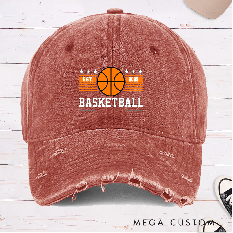 Personalized Distressed Denim Basketball Cap with Custom Team Name and Year Design