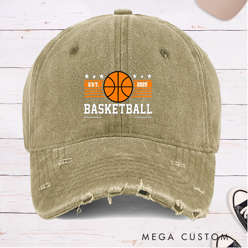 Personalized Distressed Denim Basketball Cap with Custom Team Name and Year Design