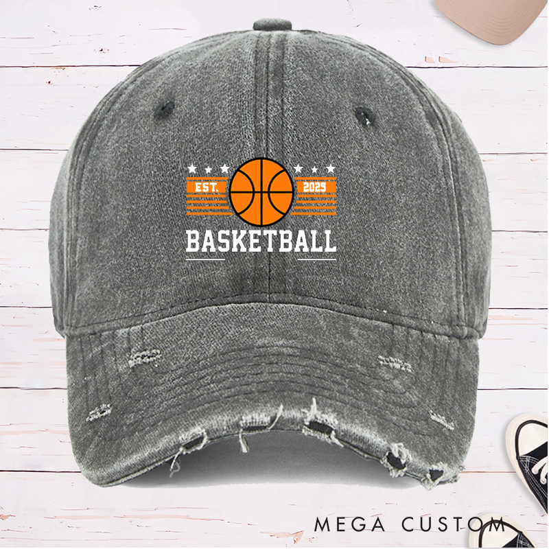 Personalized Distressed Denim Basketball Cap with Custom Team Name and Year Design