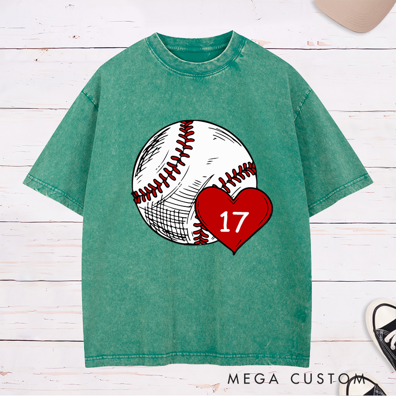 Personalized Baseball Fan Washed T-Shirts with Heart and Number Graphic for a Loving Touch