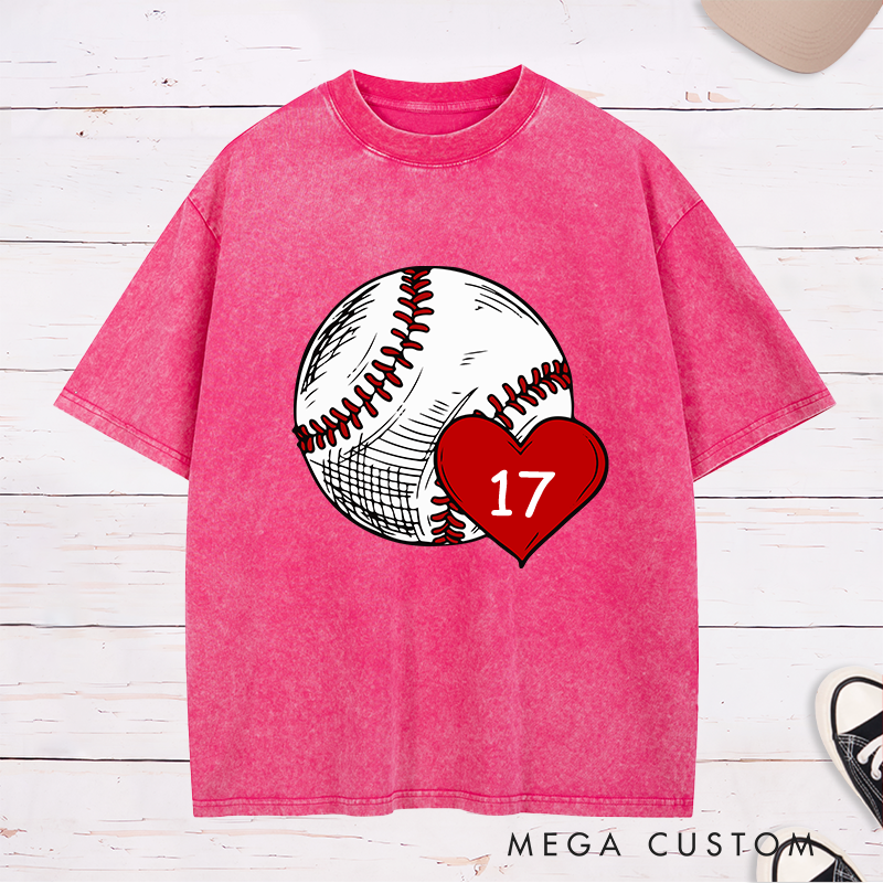 Personalized Baseball Fan Washed T-Shirts with Heart and Number Graphic for a Loving Touch