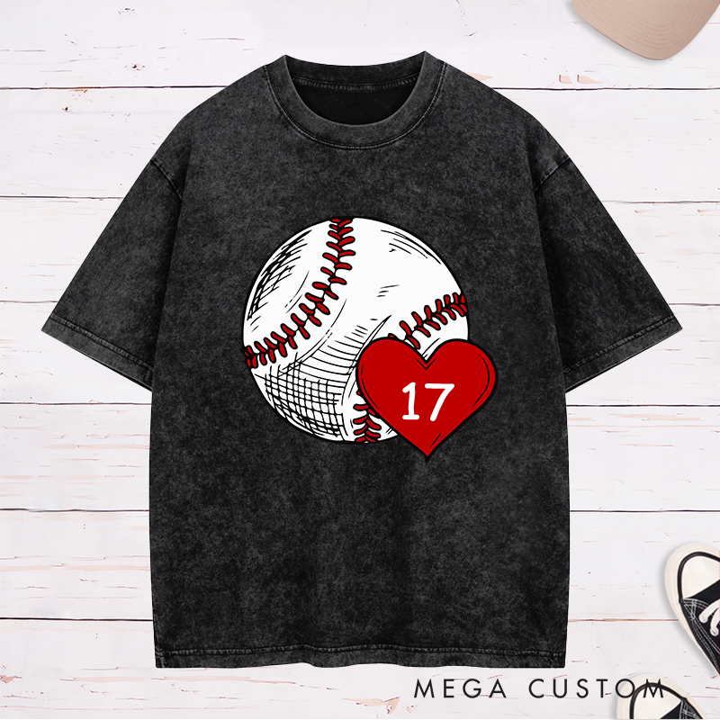 Personalized Baseball Fan Washed T-Shirts with Heart and Number Graphic for a Loving Touch