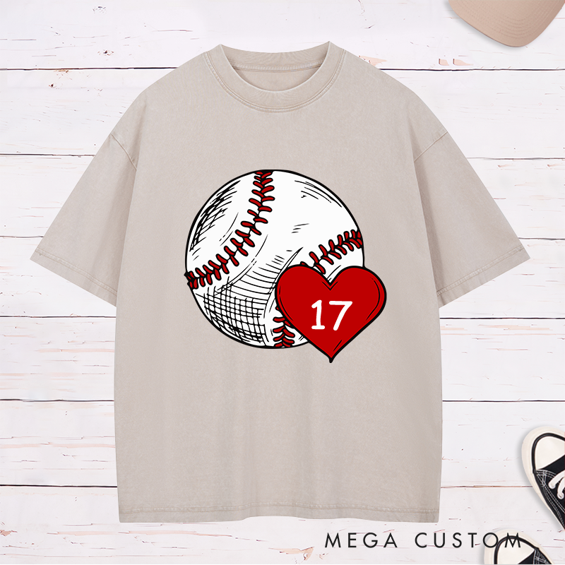 Personalized Baseball Fan Washed T-Shirts with Heart and Number Graphic for a Loving Touch