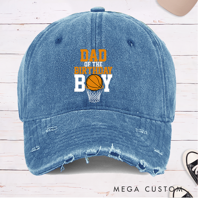 Personalized Distressed Denim Cap with Custom Title for Birthday Celebration and Basketball Design