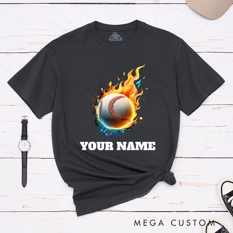  Personalized Flaming Baseball T-Shirt with Custom Name  