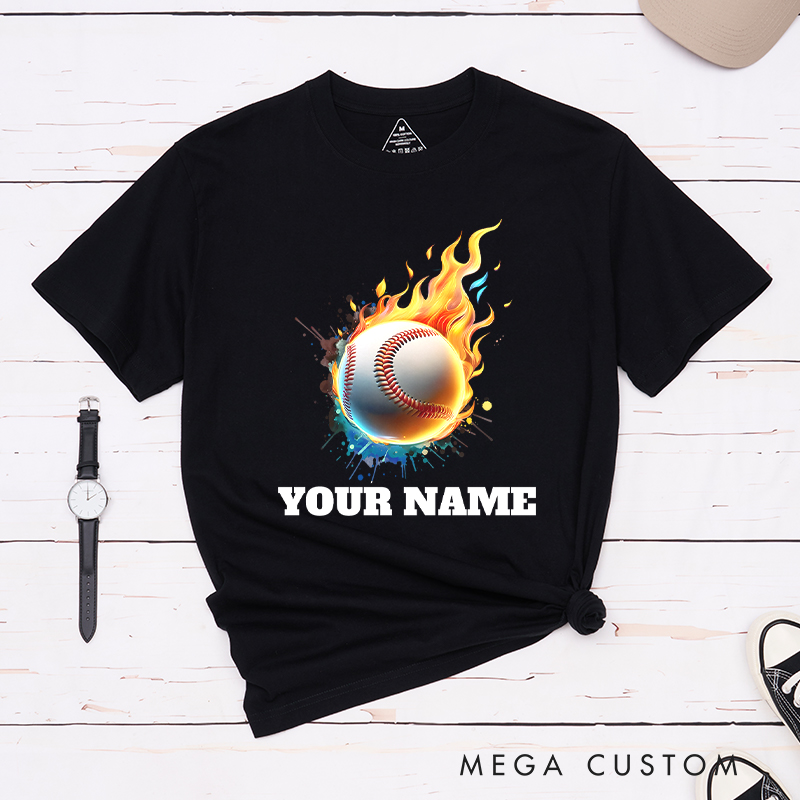  Personalized Flaming Baseball T-Shirt with Custom Name  