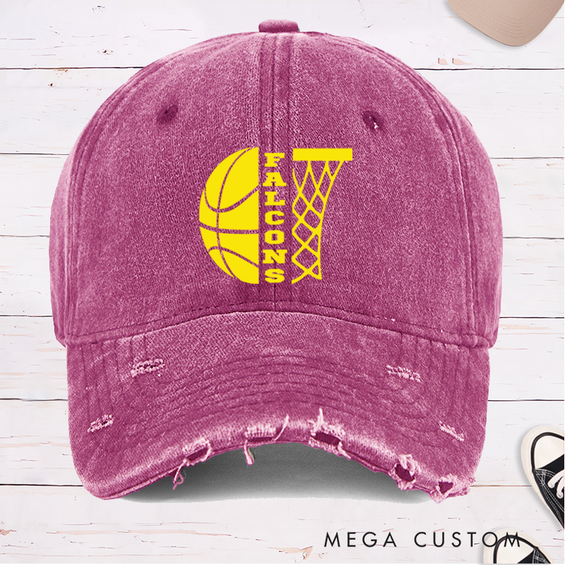 Personalized Distressed Basketball Cap with Custom Team Name and Minimalist Hoop Design