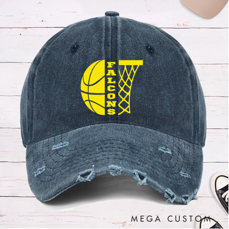 Personalized Distressed Basketball Cap with Custom Team Name and Minimalist Hoop Design