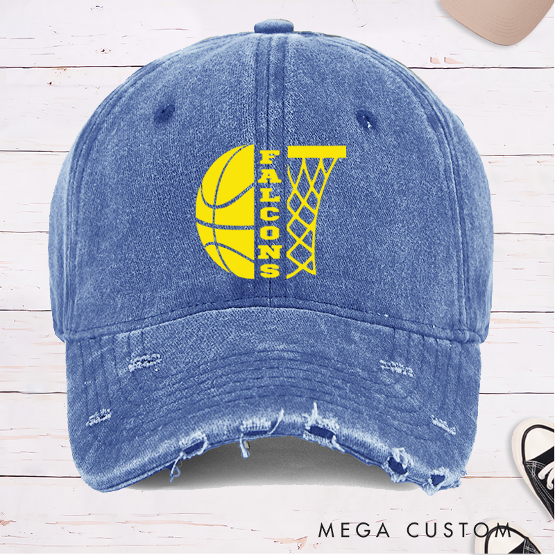 Personalized Distressed Basketball Cap with Custom Team Name and Minimalist Hoop Design