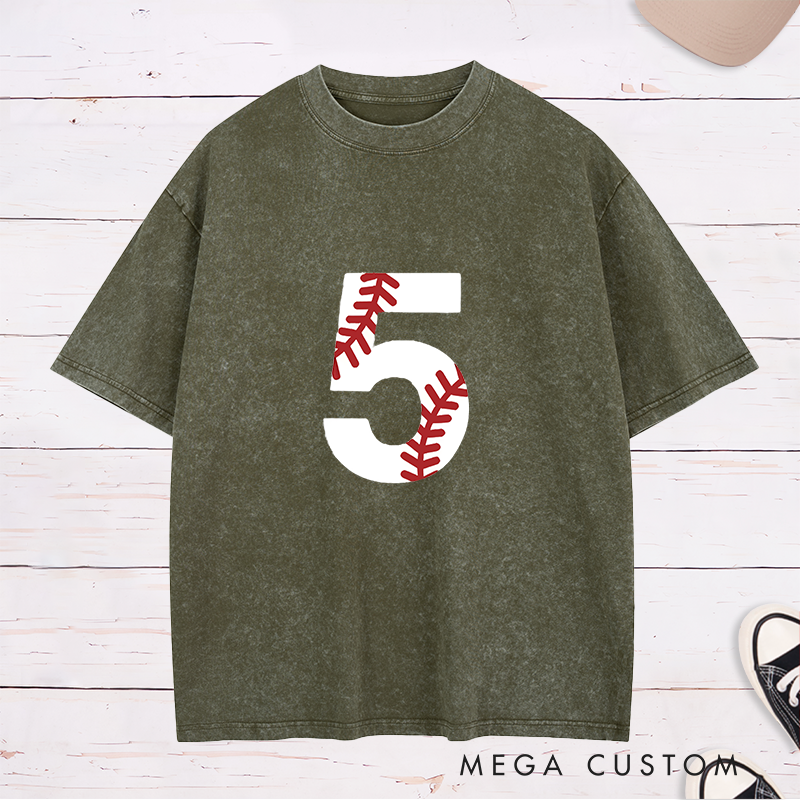 Personalized Baseball Washed T-Shirt with Distressed Number Design for a Unique Look