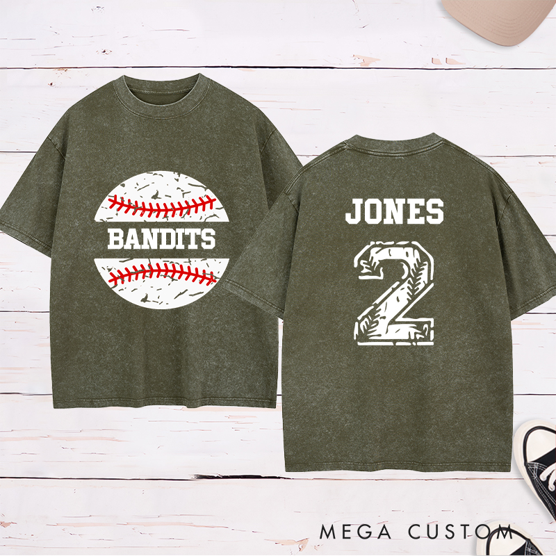 Personalized Baseball Team Washed T-Shirt with Vintage Baseball Design and Custom Name and Number