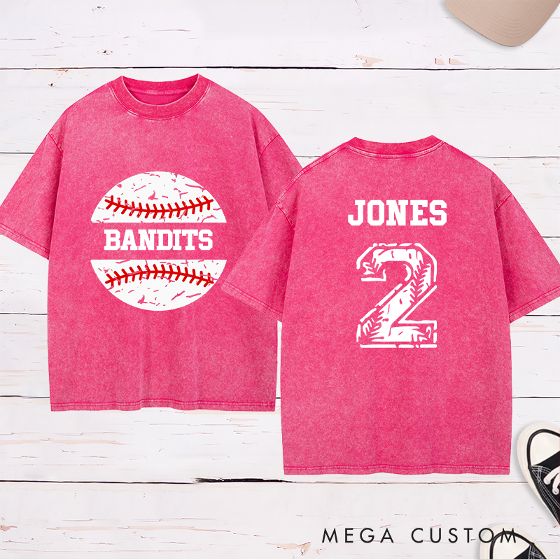 Personalized Baseball Team Washed T-Shirt with Vintage Baseball Design and Custom Name and Number