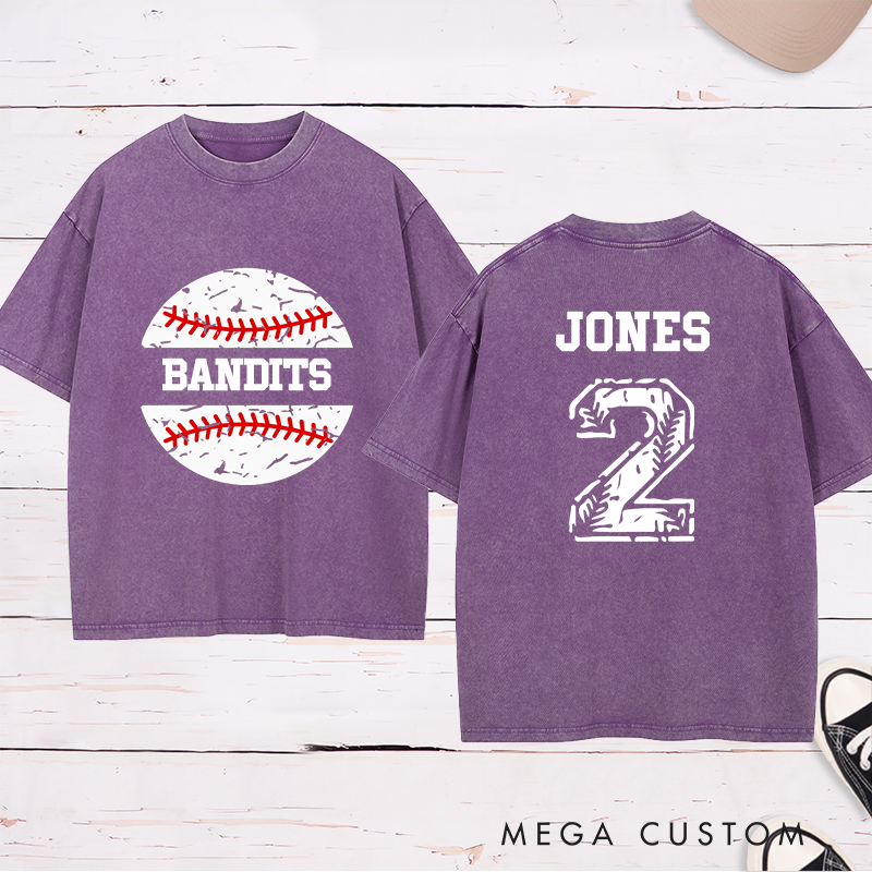 Personalized Baseball Team Washed T-Shirt with Vintage Baseball Design and Custom Name and Number