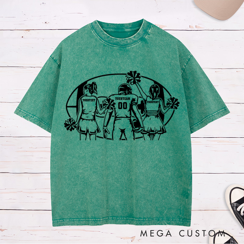 Personalized American Football Cheerleader Washed T-Shirts with Custom Player and 2 Cheerleader Name and Number