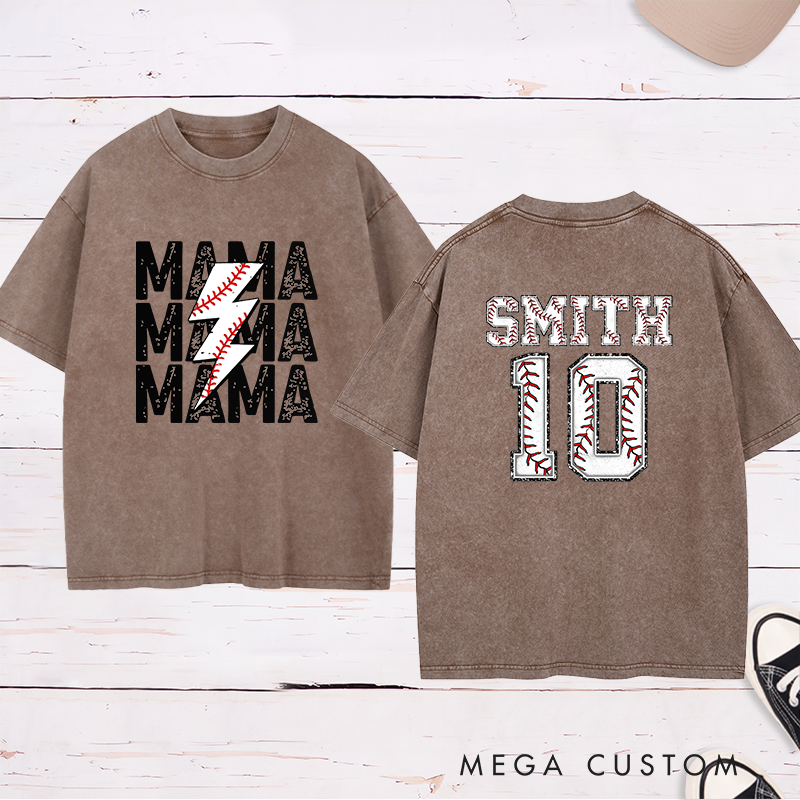Personalized Baseball Mama Washed T-Shirt with Custom Name and Number