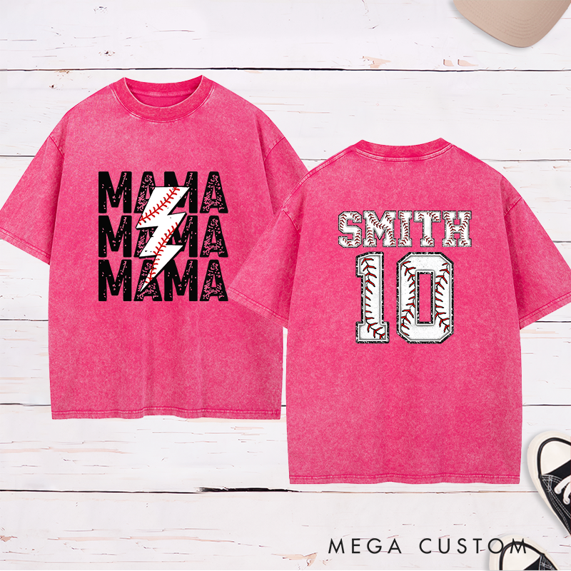 Personalized Baseball Mama Washed T-Shirt with Custom Name and Number