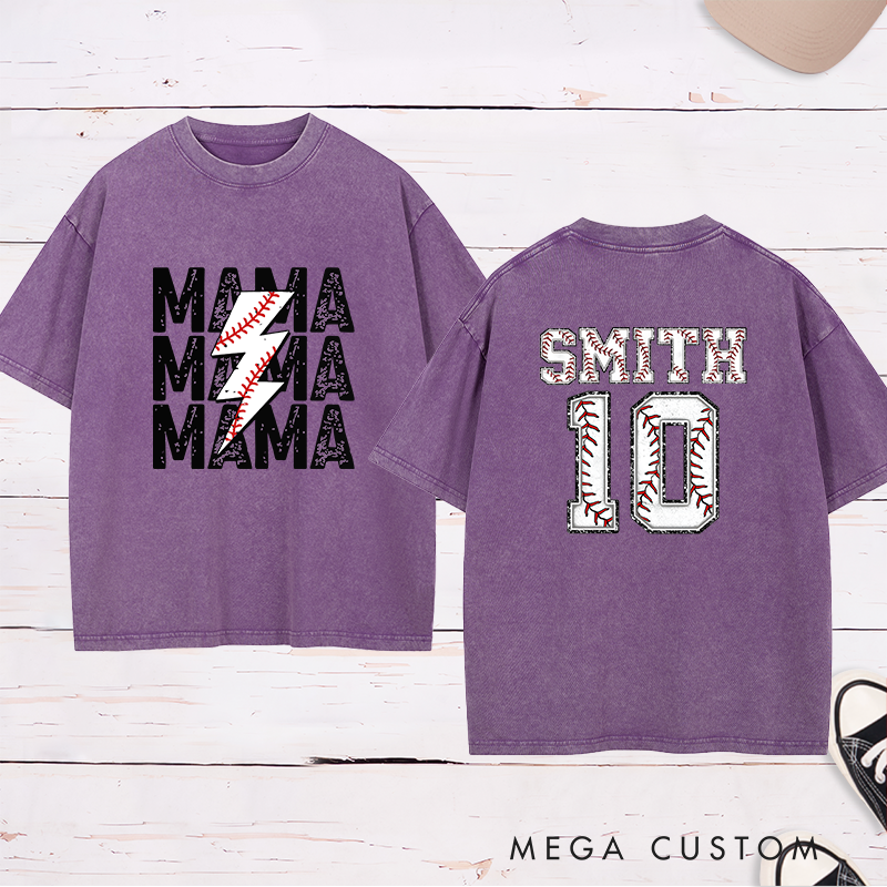 Personalized Baseball Mama Washed T-Shirt with Custom Name and Number