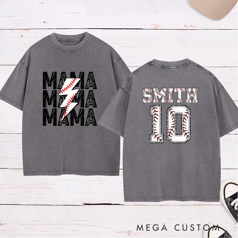 Personalized Baseball Mama Washed T-Shirt with Custom Name and Number