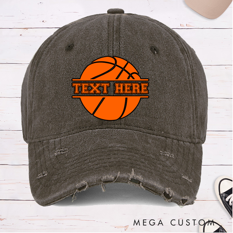 Personalized Distressed Basketball Cap with Custom Text and Bold Basketball Graphic Design