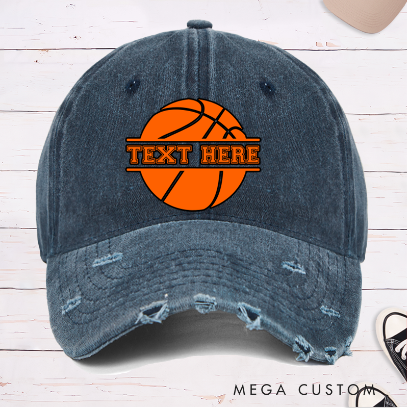Personalized Distressed Basketball Cap with Custom Text and Bold Basketball Graphic Design