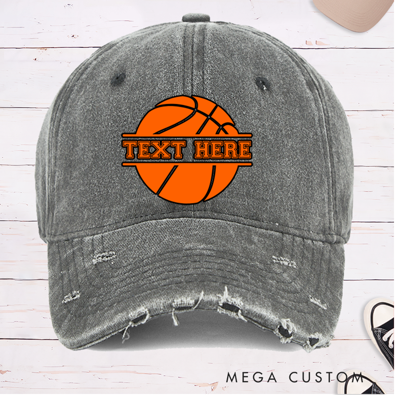Personalized Distressed Basketball Cap with Custom Text and Bold Basketball Graphic Design