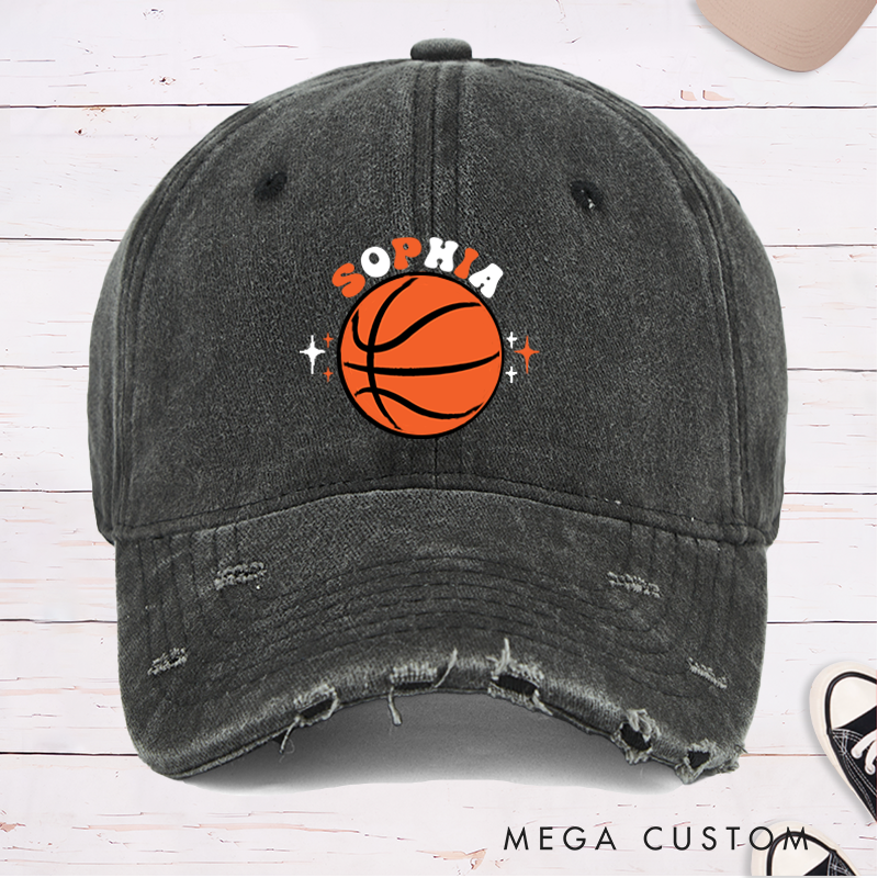 Personalized Distressed Basketball Cap with Custom Name Bold Basketball Graphic and Star Accent Design