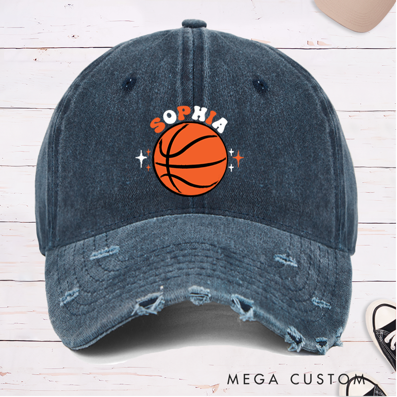 Personalized Distressed Basketball Cap with Custom Name Bold Basketball Graphic and Star Accent Design