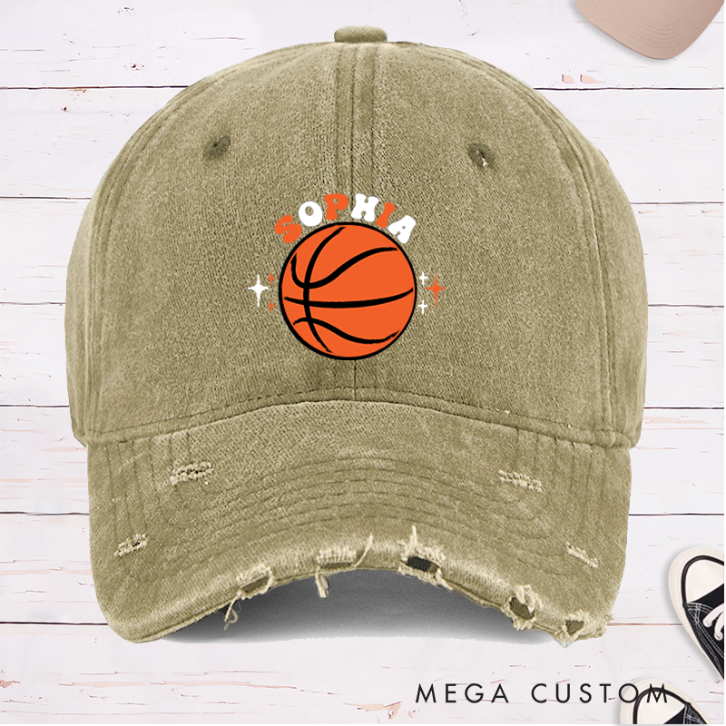 Personalized Distressed Basketball Cap with Custom Name Bold Basketball Graphic and Star Accent Design
