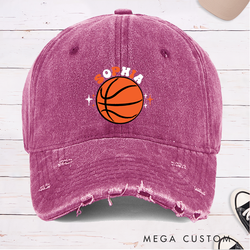 Personalized Distressed Basketball Cap with Custom Name Bold Basketball Graphic and Star Accent Design