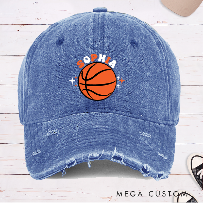 Personalized Distressed Basketball Cap with Custom Name Bold Basketball Graphic and Star Accent Design