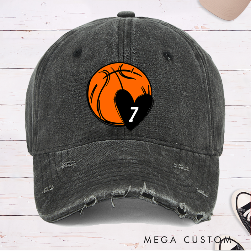 Personalized Distressed Basketball Cap with Custom Jersey Number Heart and Bold Basketball Graphic Design