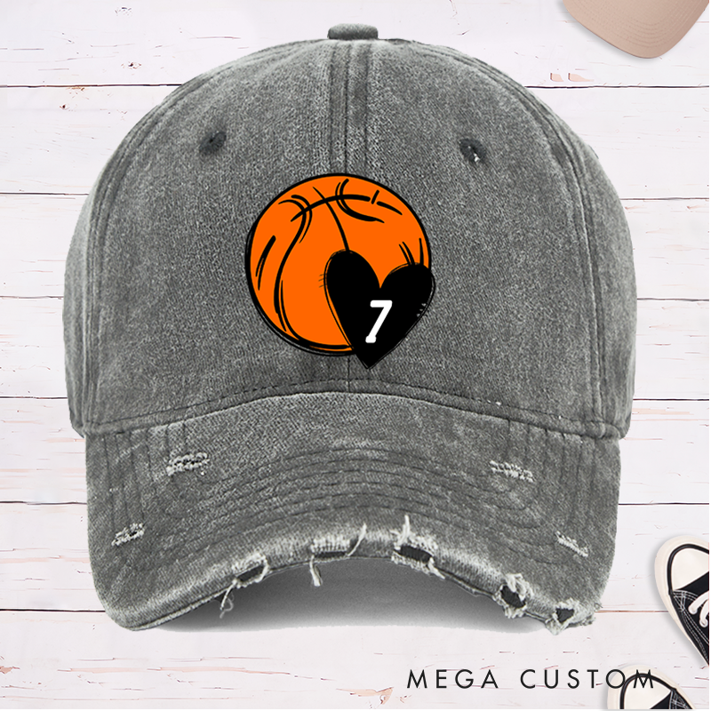 Personalized Distressed Basketball Cap with Custom Jersey Number Heart and Bold Basketball Graphic Design