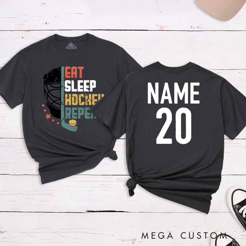 Personalized "Eat, Sleep, Hockey, Repeat" T-Shirt with Custom Name and Number