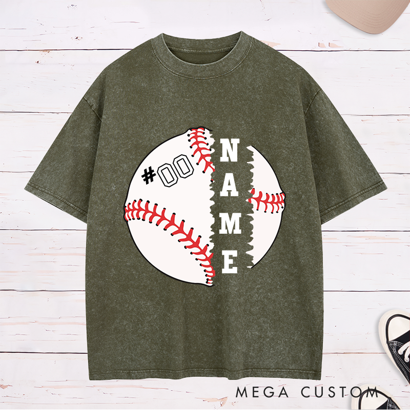 Personalized Baseball Graphic Washed T-Shirt with Split Design and Custom Name and Number