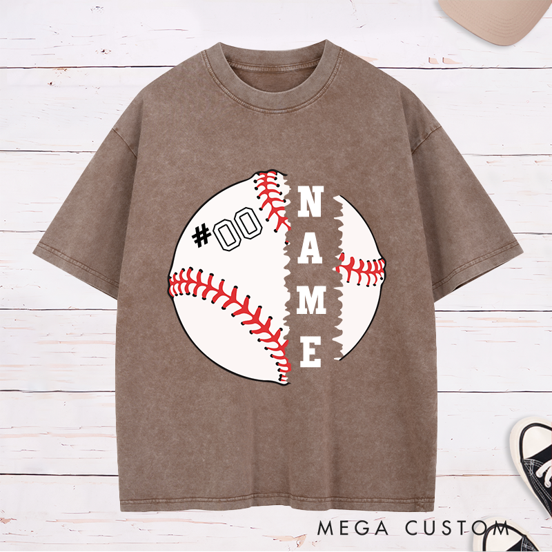 Personalized Baseball Graphic Washed T-Shirt with Split Design and Custom Name and Number