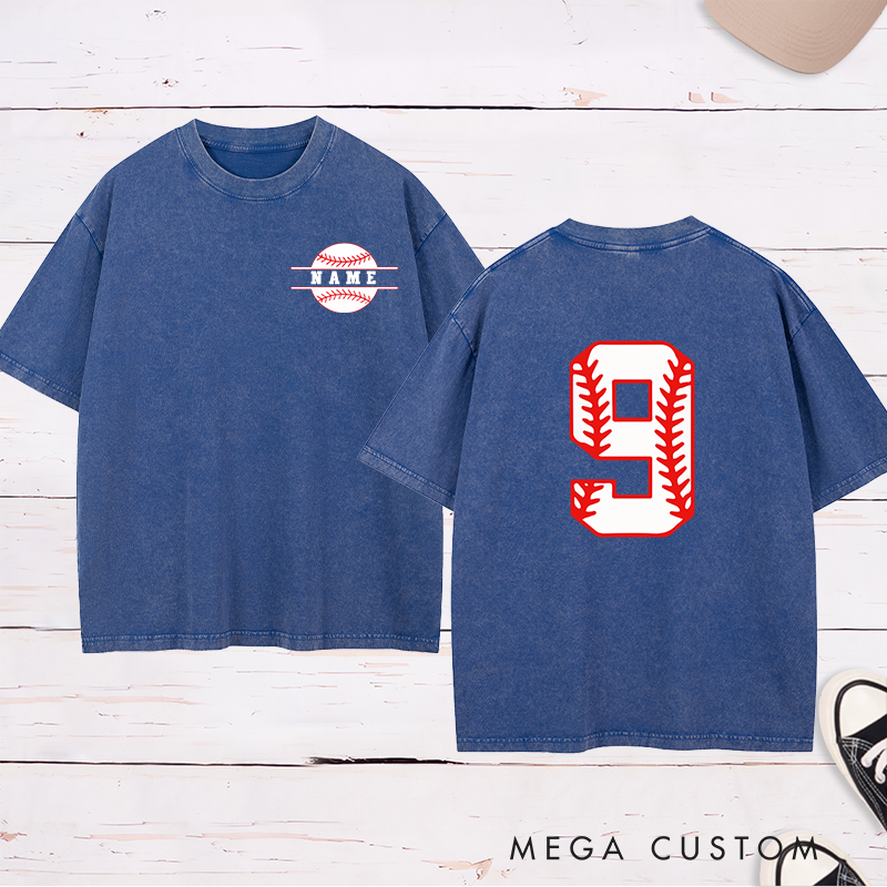 Personalized Sports Fan Washed T-Shirt with Unique Baseball-Inspired Number and Name Print