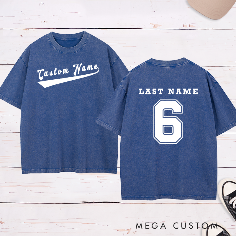 Personalized Sports Washed T-Shirt with Custom Name and Number Design