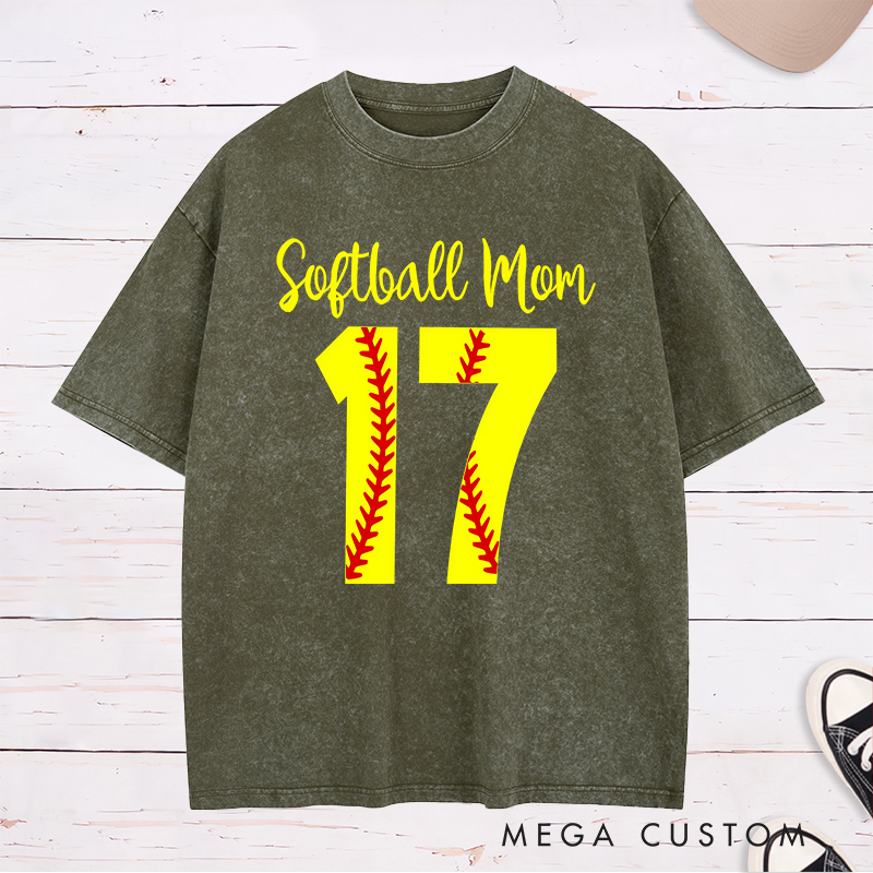 Personalized Softball Mom Washed T-Shirt Design Featuring Customizable Player Number with Red Stitch Softball Pattern and Stylish Yellow Script Text