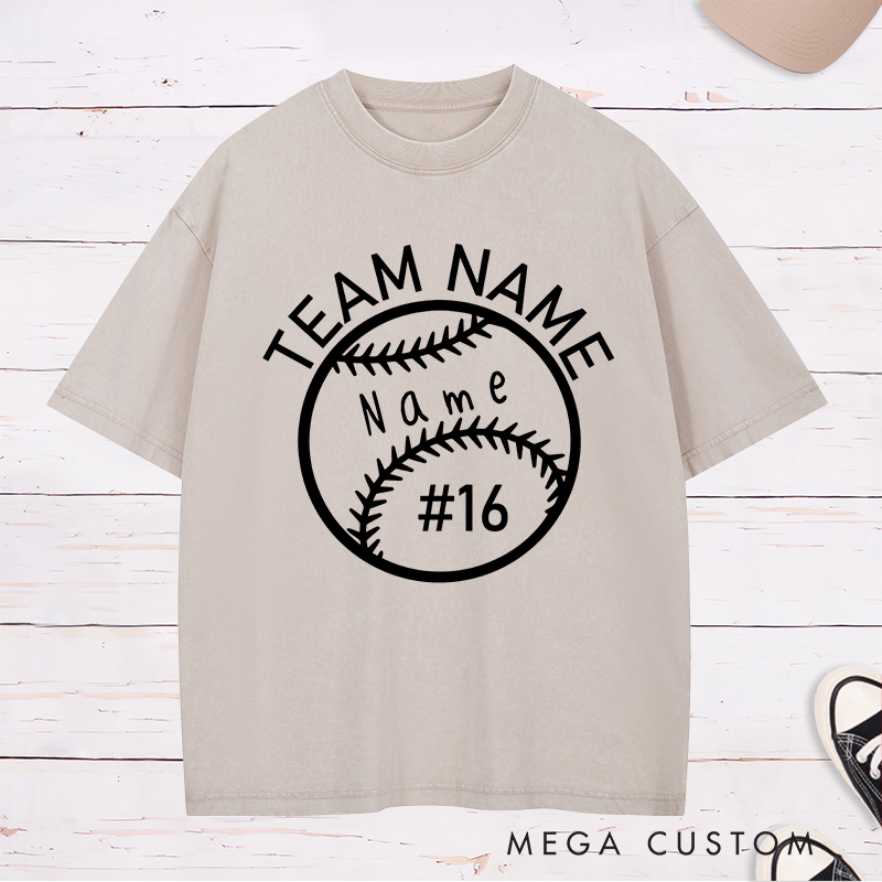 Personalized Softball Washed T-Shirt Design Featuring Custom Team Name Player Name and Jersey Number Inside a Bold Softball Graphic