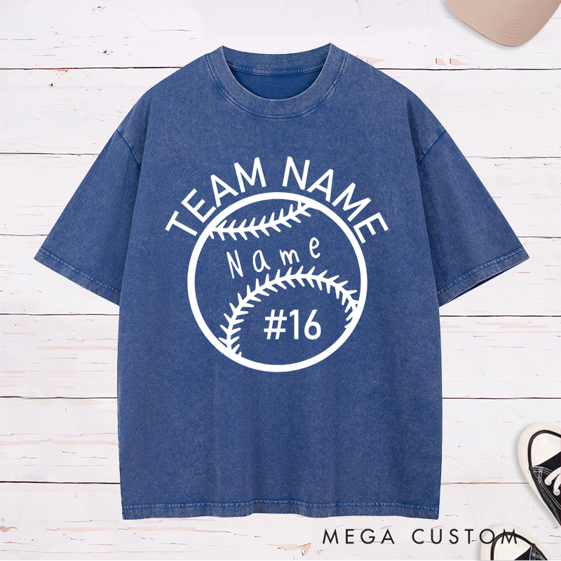 Personalized Softball Washed T-Shirt Design Featuring Custom Team Name Player Name and Jersey Number Inside a Bold Softball Graphic