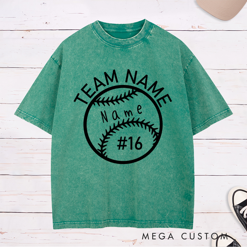 Personalized Softball Washed T-Shirt Design Featuring Custom Team Name Player Name and Jersey Number Inside a Bold Softball Graphic