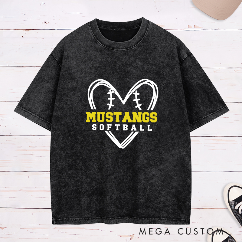 Personalized Softball Washed T-Shirt Design Featuring Heart-Shaped Softball Stitch Graphic with Custom Team Name in Bold Text and Softball Label in Clean Font