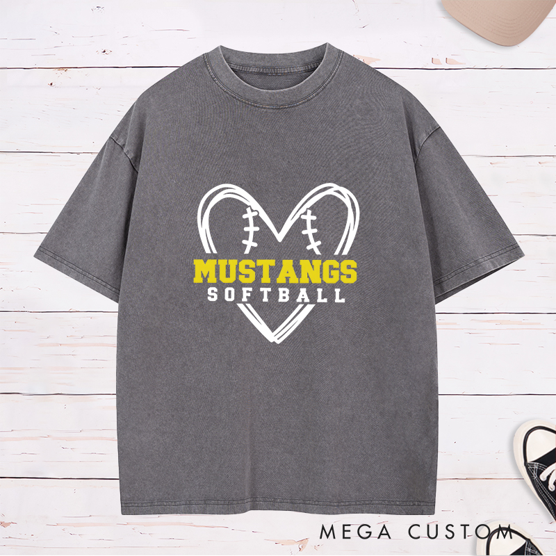 Personalized Softball Washed T-Shirt Design Featuring Heart-Shaped Softball Stitch Graphic with Custom Team Name in Bold Text and Softball Label in Clean Font