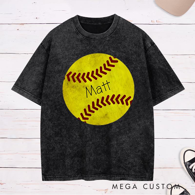 Personalized Softball Washed T-Shirt Design Featuring Custom Name Inside a Bold Softball Graphic