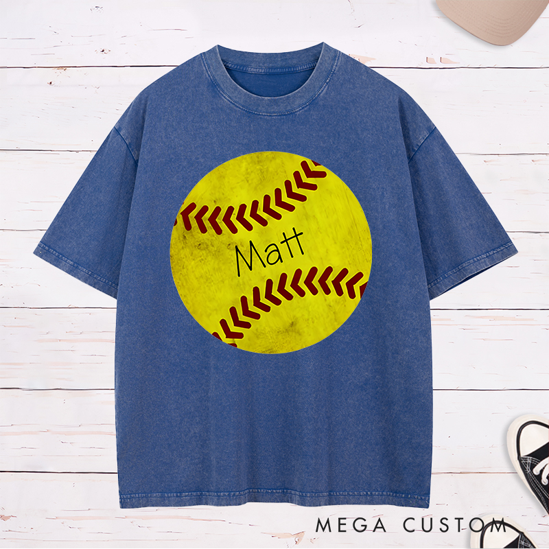 Personalized Softball Washed T-Shirt Design Featuring Custom Name Inside a Bold Softball Graphic