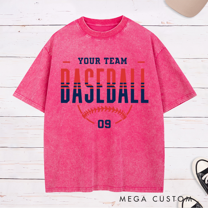 Personalized Game Day Washed T-Shirt with Team Name Number and Stylish Baseball Graphic
