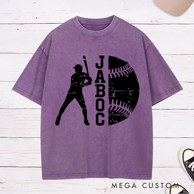 Personalized Baseball Washed T-Shirt with Batter Silhouette and Custom Name Design